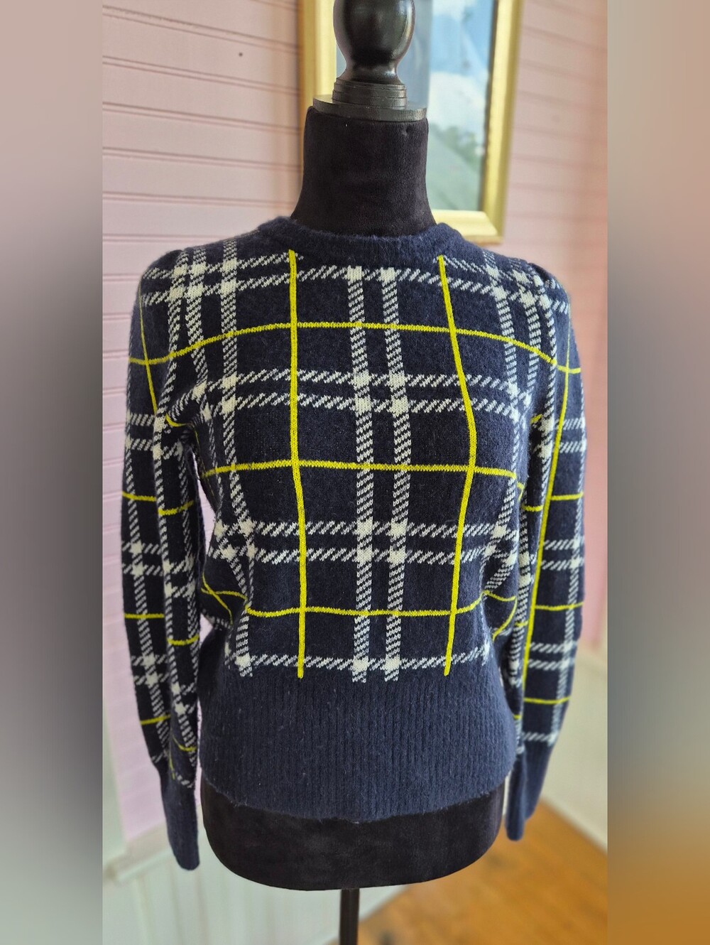 Banana Republic - Navy Plaid Crewneck Sweater with Yellow Accent, Size Medium